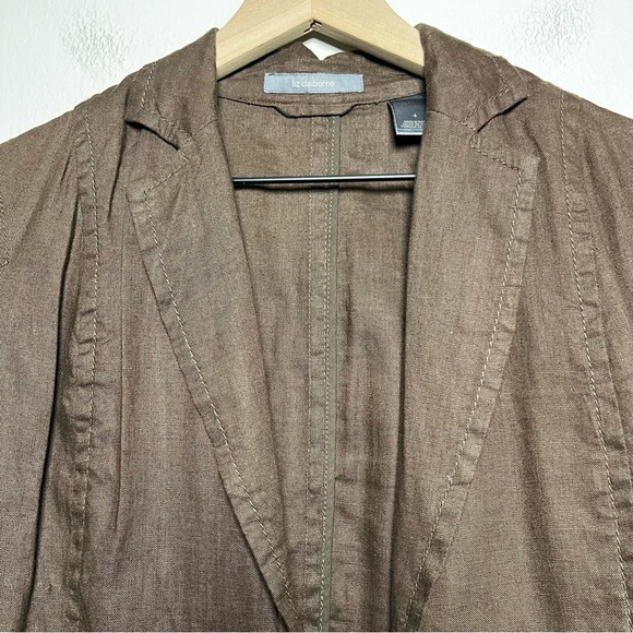 VTG Women Liz Claiborne 100% Linen Blazer Jacket 4 Chocolate Brown Academia - Picture 3 of 9